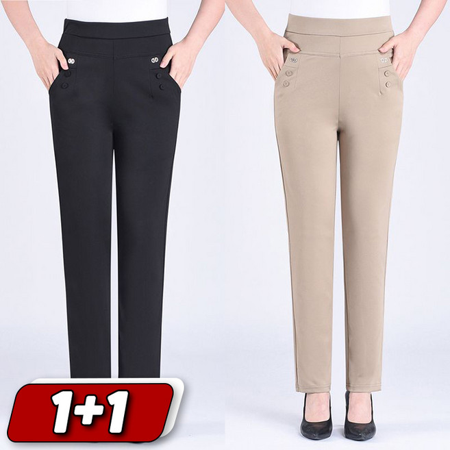 1+1 중년여성 얇은 정장바지 하이웨스트 스판 와이드 팬츠 베이직 밴딩 오피스룩 봄 여름 엄마바지 긴바지