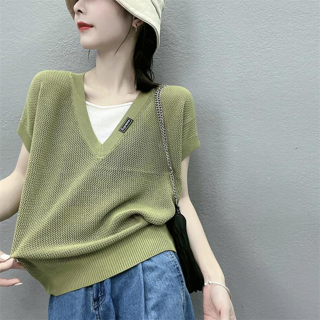 별후이 여성용 여름 브이넥 얇은 니트 펀칭 페이크 투피스 반팔 니트티셔츠0d7fg07LL