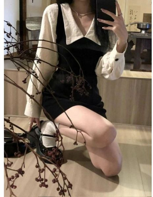 린넨 아일렛 봄 여름 가을 원피스 여성용 프레피 긴팔 미니 드레스 패션 스타일 귀엽고 섹시한 피터팬 칼라 A라인 페이크 2 피스 캐주얼 시크