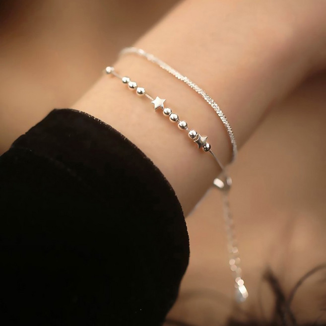 FANSYLI 실버 925 은팔찌 여성 두줄 레이어드 체인 팔찌 행운팔찌 2508YK01