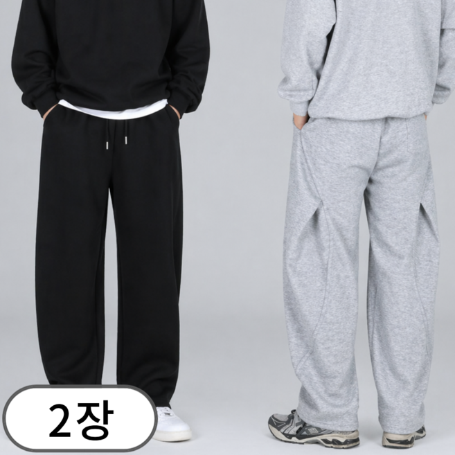 1+1 남자 커브드 절개 스판 밴딩 와이드 팬츠 트레이닝 바지 조거팬츠 (6705-2)