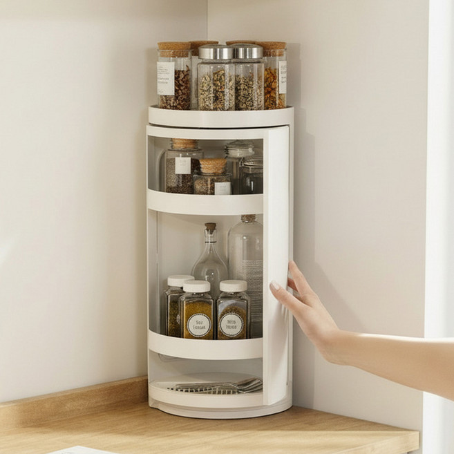 오틀리 깔끔히 숨겨지는 주방 히든 코너 슬라이딩 양념통 선반, 1개, 화이트