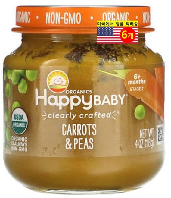 Happy Family Organics 6개월 이상 유아용 오가닉 과일 채소 곡물 퓨레 이유식 113g 6개, 6개 - 쿠팡