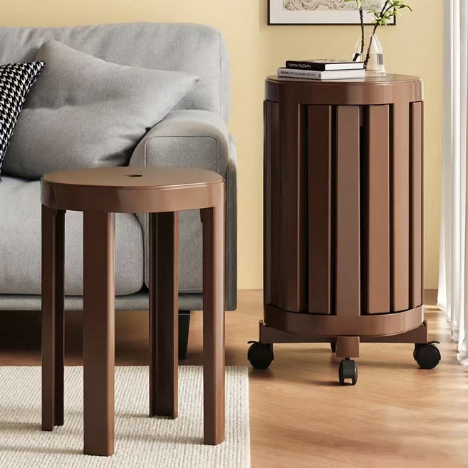 SeekFun 거실 스태킹 체어 원형 스툴 이동식 다용도 의자 사이드 보조 테이블 겸용 접이식, 브라운, 1개