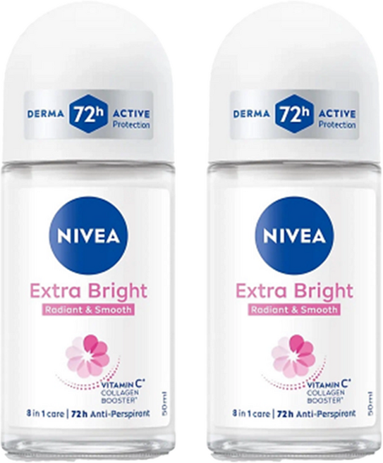 니베아 여성용 엑스트라 브라이트닝 48 잼 롤 온 데오드란트, 2개, 50ml