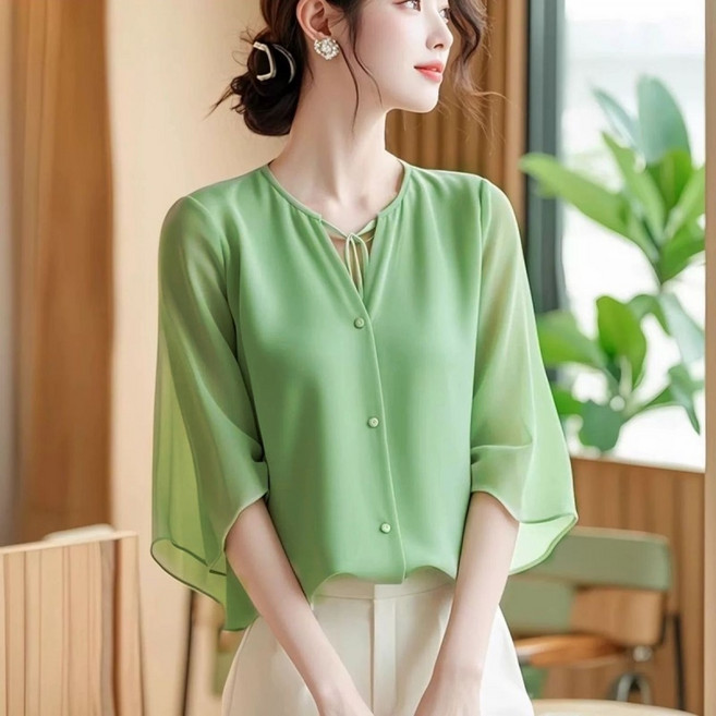 루스리더 여성 벌룬소매 단추 쉬폰 블라우스 V302