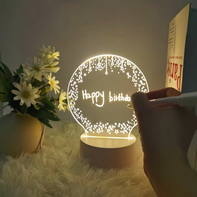 diy禮物小夜燈可擦留言記事板跨境檯燈擺件手寫熒光板白板led燈, 圓星+手寫板:七彩白底觸摸+電池倉(帶筆+彩盒+USB線)