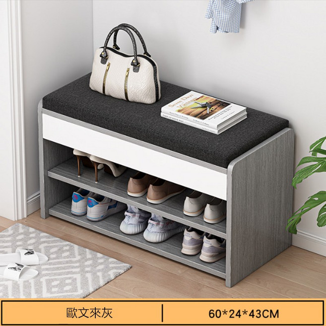 北歐風簡約實木鞋櫃：玄關收納櫃、穿鞋椅、多層鞋架組合, 60雙層穿鞋凳灰(限重65KG)不可開蓋, 2層