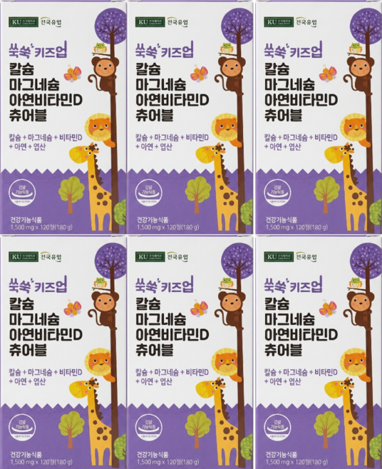 건국유업 쑥쑥 키즈업 칼슘 마그네슘 아연 비타민D 츄어블 180g, 120정, 6개
