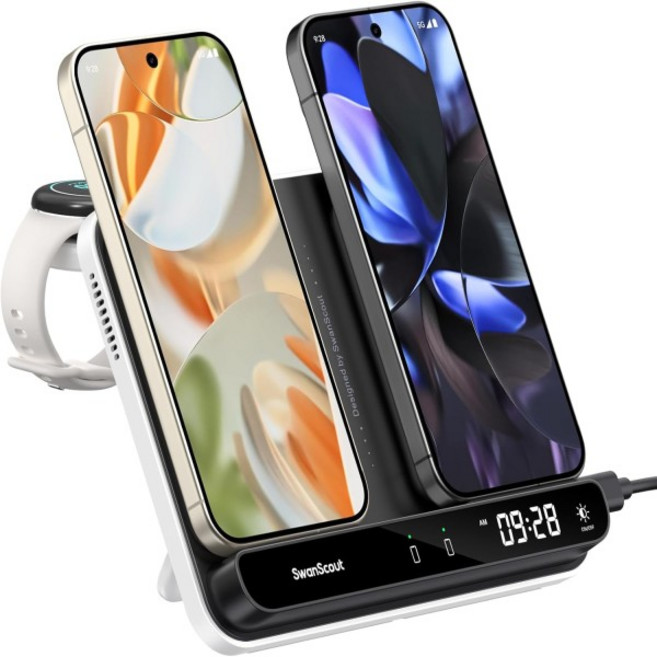 Pixel Watch 3 2용 SwanScout 710G2 무선 충전기 Fitbit Versa 4 Sense Buds pro용 듀얼 폰 스테이션, 02 Black-White AU Plug