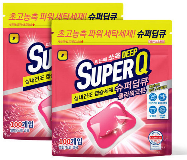 슈퍼딥큐 플라워코튼 100개입+100개입 캡슐세제 실내건조 고농축 대용량 세탁 드럼세탁기 세제, 2세트, 100개입