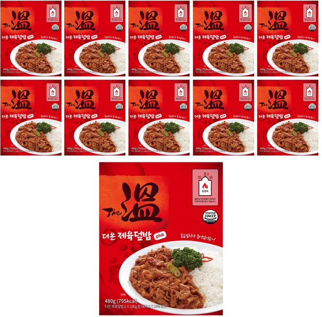 더온 제육덮밥 플러스 세트 전투식량 발열도시락 물없이 불없이 줄만 당기면 OK 비상식량 야전 등산 캠핑, 10개, 480g