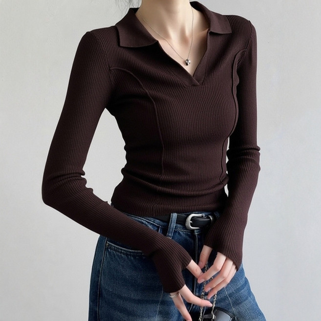 여성 니트 상의 긴팔 베이직 레트로 폴로 카라