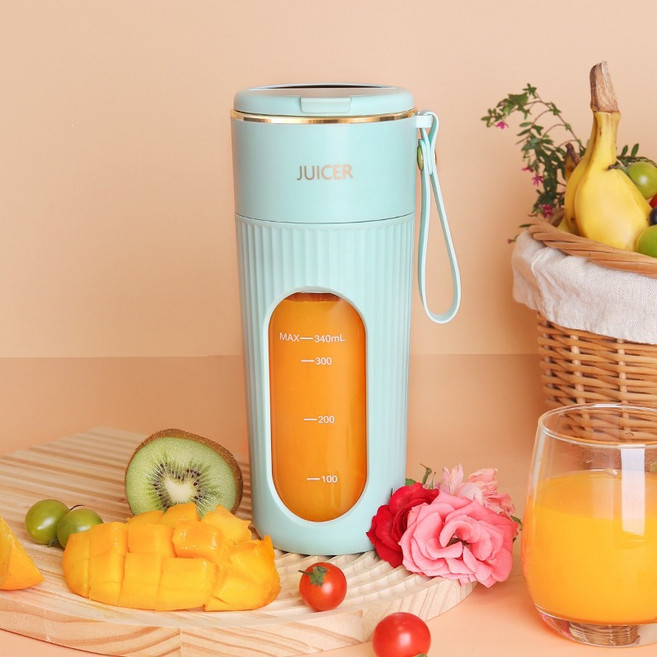 홈믹서컵 340ml 아웃도어 다용도 휴대용믹서컵 USB 충전 전동믹서컵 무선 믹서기 미니 블렌더 간편 세척 누수 방지, 청록색