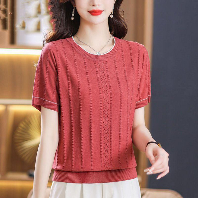 Makone 여성 니트 반팔티 라운드넥 자카르 펀칭 코디네이터 심플 데일리 반소매 티셔츠