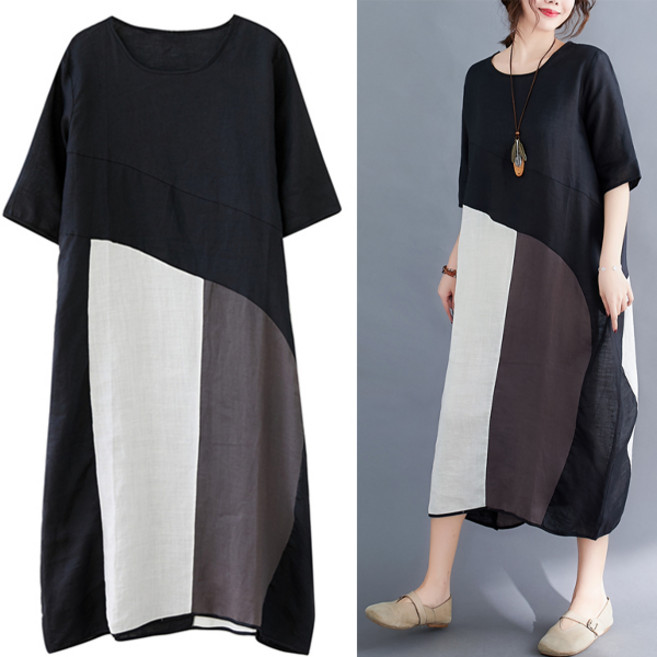 2구트 여성 반팔 오버핏 통 라운드넥 포켓 롱원피스 여름 시원한 면마 소재 M 부터 2XL