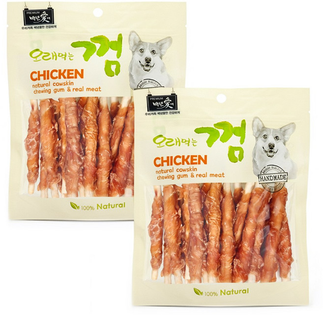 백년애 고기가 2배 이상 말린 오래먹는 강아지껌, 닭고기, 250g, 2개