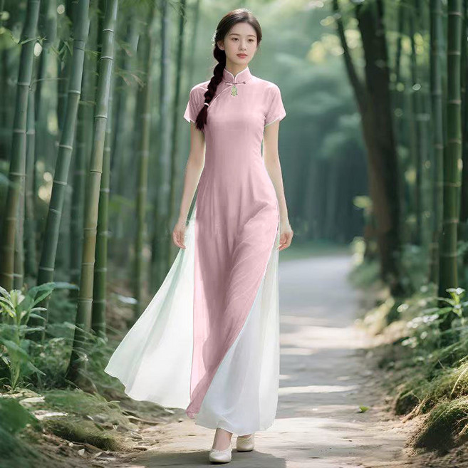 DIU 中國風文藝小清新改良旗袍裙子夏季優雅年輕長款連衣裙女