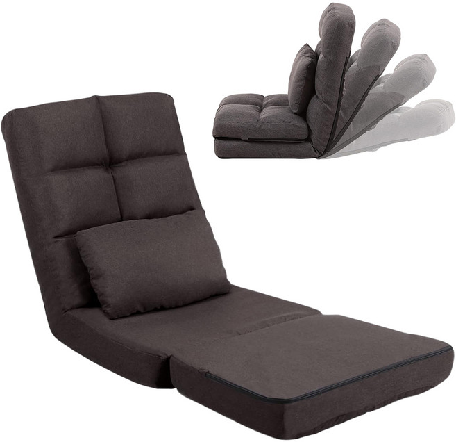 FLOGUOR 1인용 좌식 접이식 리클라이너 소파베드 14단계 각도조절 등받이 쿠션 의자, 브라운