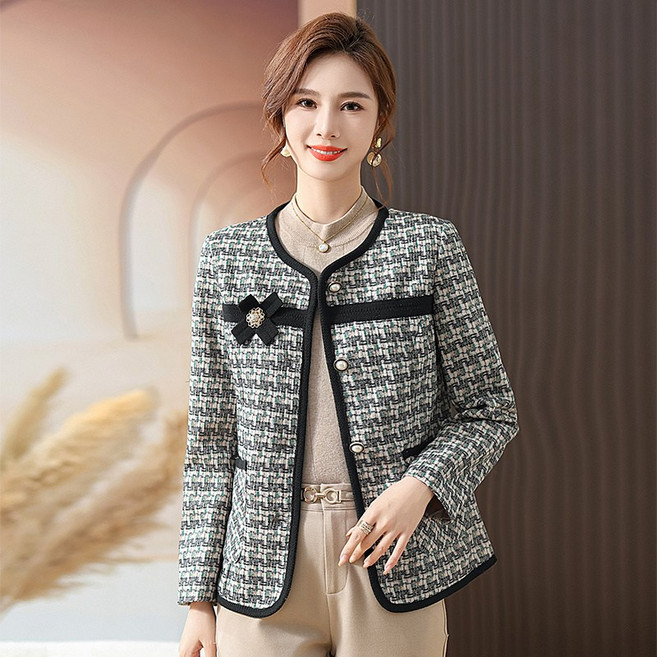봄 가을 중년 여성 트위드 자켓 캐주얼 엄마 카디건 코트 루즈핏 기질 소향풍 자켓 CY