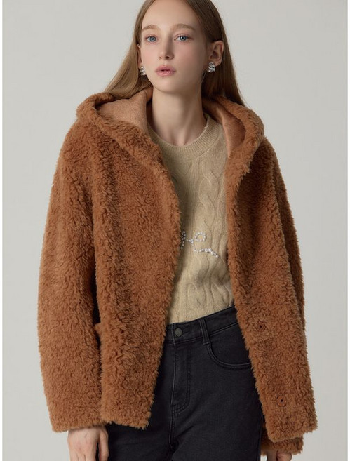 르오트 호주산 양모100프로 퓨어 컬리 후드 코트