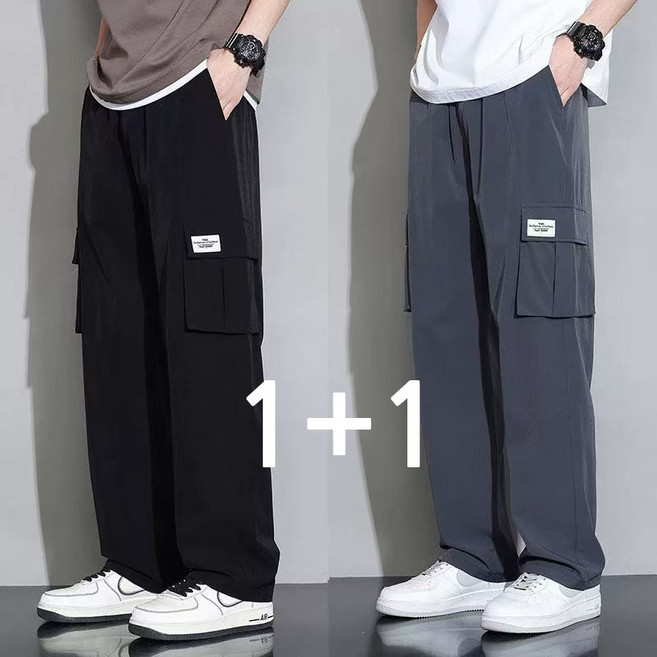 BIKASU 남성 여름 카고 바지 빅사이즈 냉장고 바지 캐주얼 스트링 조거팬츠 1+1