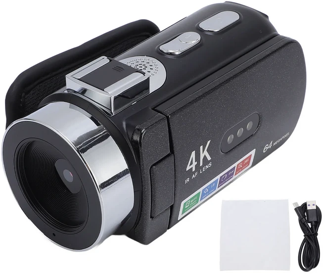 디지털 비디오 카메라 4K 64MP HD 3인치 화면 자동 초점 270도 회전 LED 화이트 라이트 여행용, 01 검정색, 01 검정색