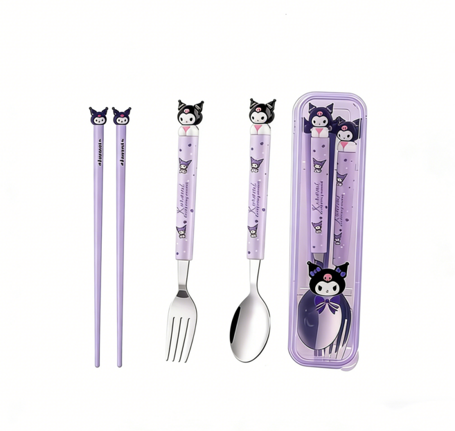 밀크카 산리오 쿠로미 사랑스러운 도시락수저세트 세척이 쉬운 숟가락 젖가락포크 세트, 1세트, 슈트
