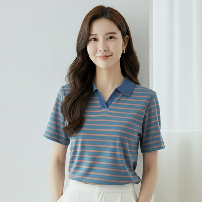 데일로엔 여성 스트라이프 카라 반팔 데일리 여름 티셔츠