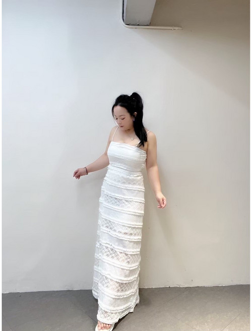 JHIH 性感蕾絲長洋裝 削肩設計, 白色