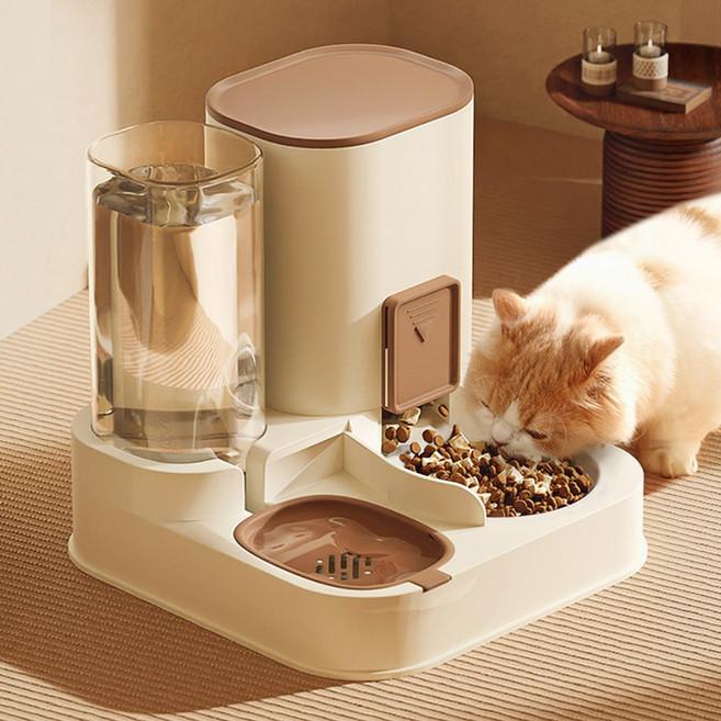 PETCHUCHU 애완동물 반자동 급수기+급식기, 1개, 아이보리