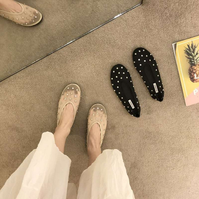 메쉬 시스루 망사 크리스탈 큐빅 플랫 슈즈 신발 매쉬 편안한 트렌디