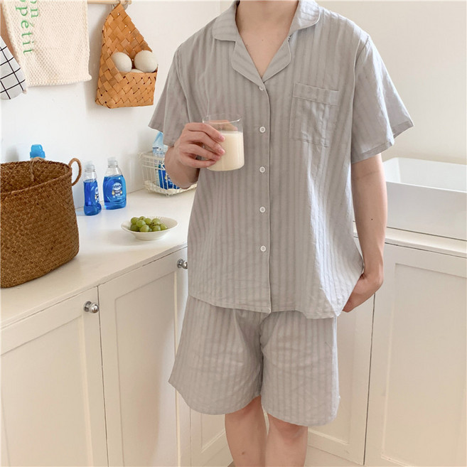 [러빙리] 헤이리 순면 여름 반팔 커플 잠옷 원피스 파자마 홈웨어 상하세트