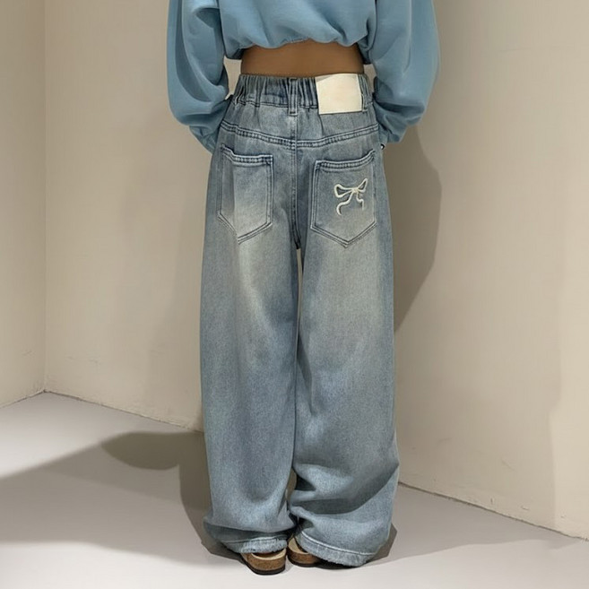 더그랜 여아 주니어 리본 자수 아동 밴딩 와이드핏 청바지