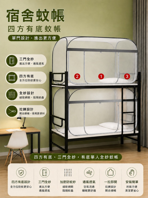 宿舍單人床 方頂三開門拉鍊蚊帳 全底包覆, 四方-三門-全紗-灰/藍邊-有底單人蚊帳