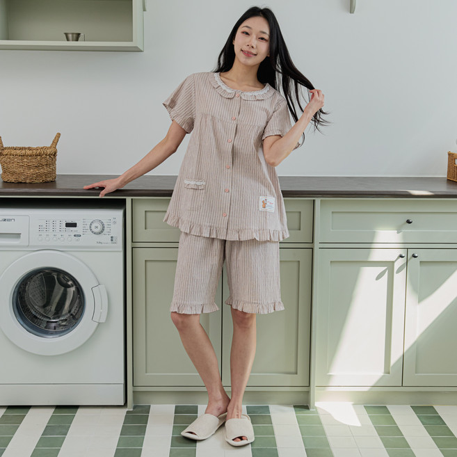 순면 여성 바바리안ST 베이지 간절기 여름 반팔 잠옷 홈웨어 파자마 세트 5부상하