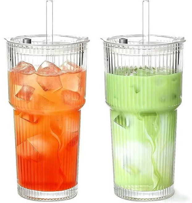 텀블러 리드와 유리 빨대가 포함된 두꺼운 리브드 유리컵 아이스커피 스무디 칵테일 주스용 컵, 2개, 투명 550ml