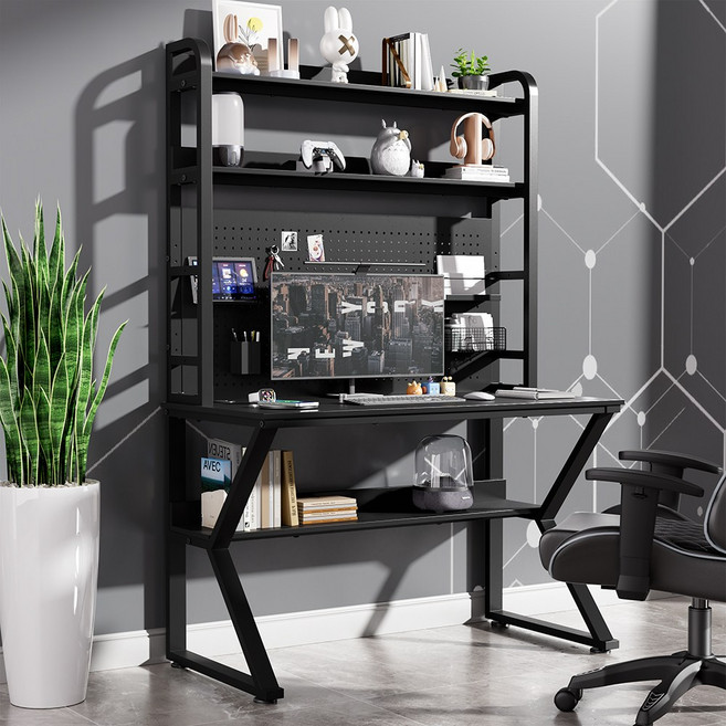 월로덴 K자형 컴퓨터 책상 4단조절가능한2층책상선반 사무용 책상, 블랙-타공판