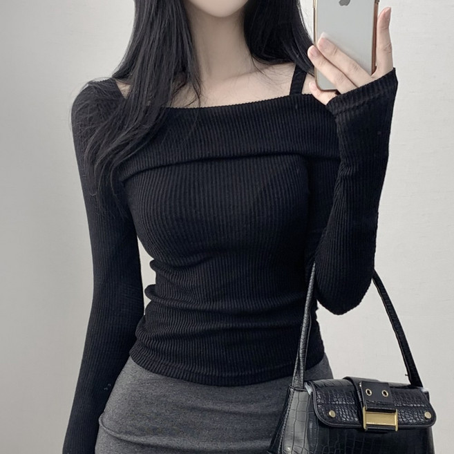 라인이쁜 몸매보정 소매 끝까지 여리한 골지 오프숄더 청순핏 언발 니트t