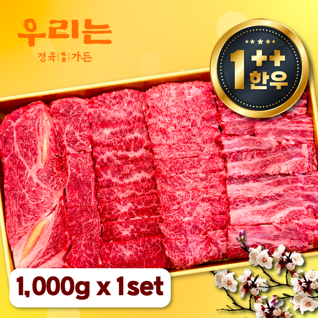우리는정육가든 1++ 한우 등심 갈비살 업진안살 앞치마살 특수부위 소고기 모듬 세트 구이용 1000g [ 감사카드증정 ], 1개