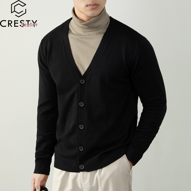 크레스티 남성 고퀄리티 무지 니트 가디건 캐주얼 스판 브이넥 니트
