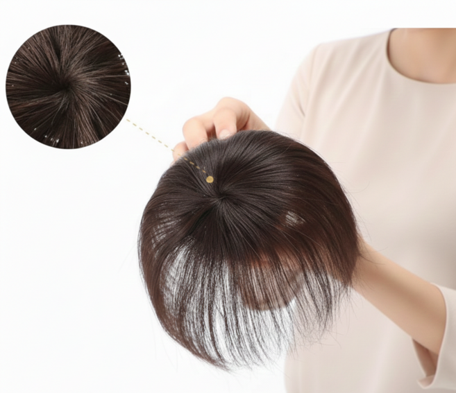 라벤스 인모 100% 여성 앞머리 정수리 수제 가발, 1개, 블랙