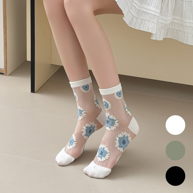 다이나토리 여성 여름 플라워 시스루 중목 양말 3켤레