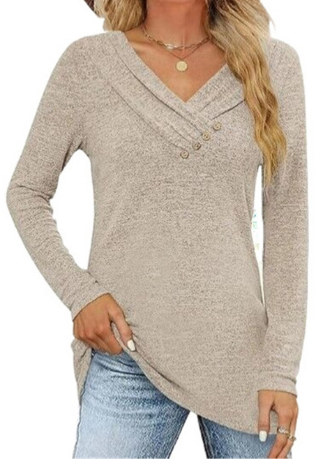 여성 캐주얼 긴 소매 티셔츠 크로스 카울 넥 단추 트림 풀오버 튜닉스 탑 가을 솔리드 컬러 루즈 맨투맨
