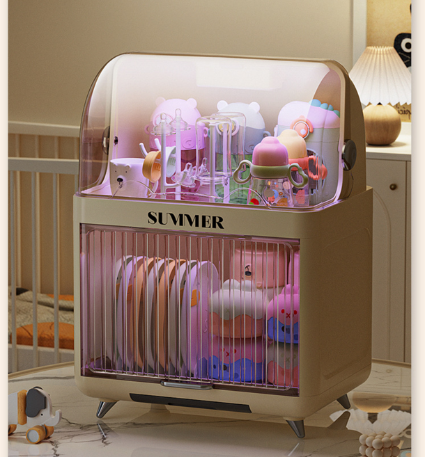 이중 레이어 자외선 소독 방진 사물함 진열대 아기 식기 컵 젖병소독기, 옐로우