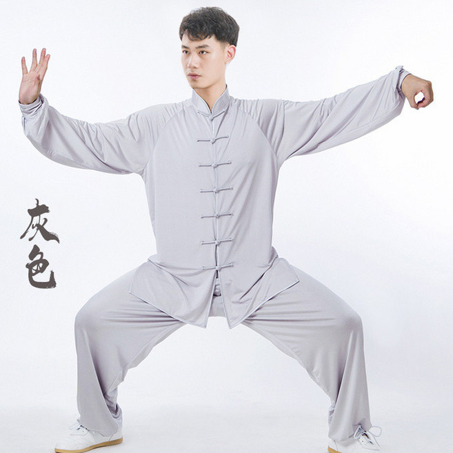 高彈牛奶絲太極服 夏季舒適晨練武術服, 灰色 長袖,2XL