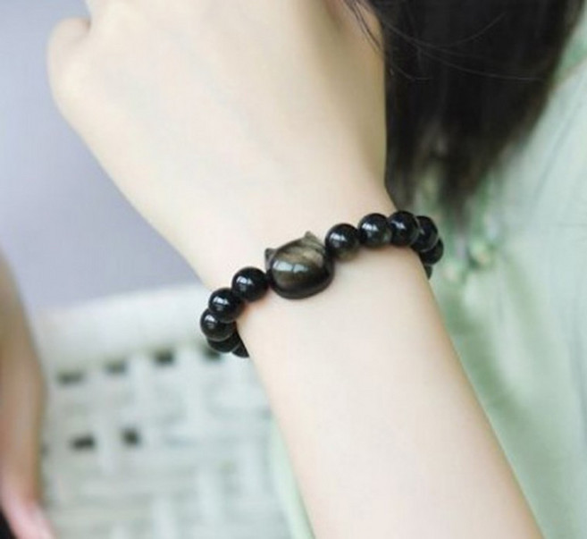 [세비데이] 천연 흑요석 오닉스 원석 팔찌 고양이 행운 부적 커플 블랙 보호석