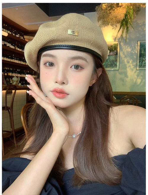 美拉德風小標鏤空貝雷帽 女 時尚 駝色