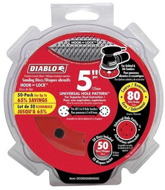 [빠른배송] Diablo Hook and Lock ROS 목재 금속 및 플라스틱용 샌딩 디스크 - 12.7cm(5인치) 80그릿 거친 세라믹 블렌드 50팩 - DCD0, [빠른배송] Diablo Hook and Lock RO