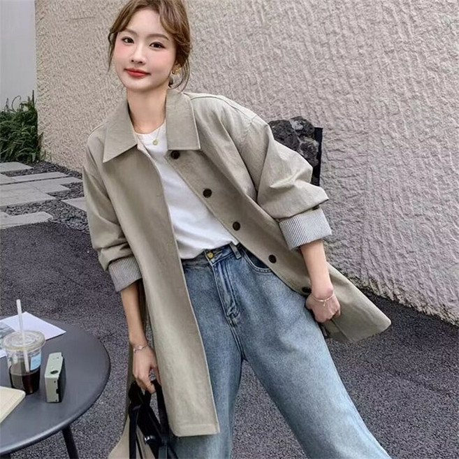 AOKADA 여성 봄 가을 루즈핏 얇은 발마칸 코트 키작녀 하프 트렌치 코트